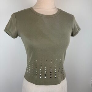 Y2K Krush Olive Green Studded Ribbed Baby Tee Short Sleeve Top Med Made in USA